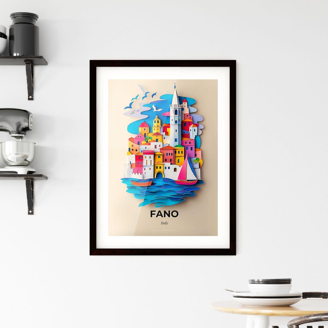 Fano Italy Seaside Towers And Sailboats Paper Cut Travel Poster - Image 2