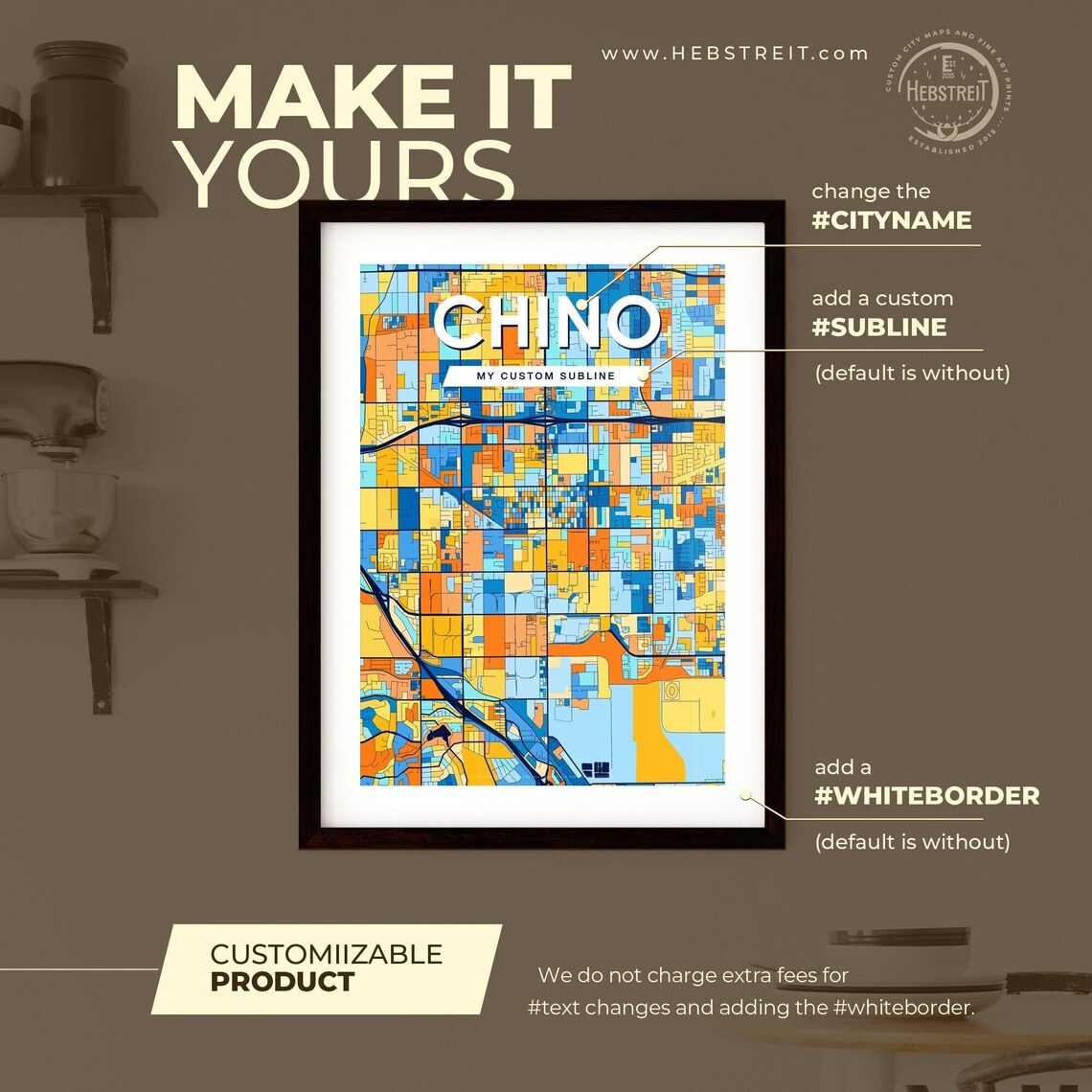 Chino California Vibrant Blue Orange Mosaic City Street Map Poster - Image 2