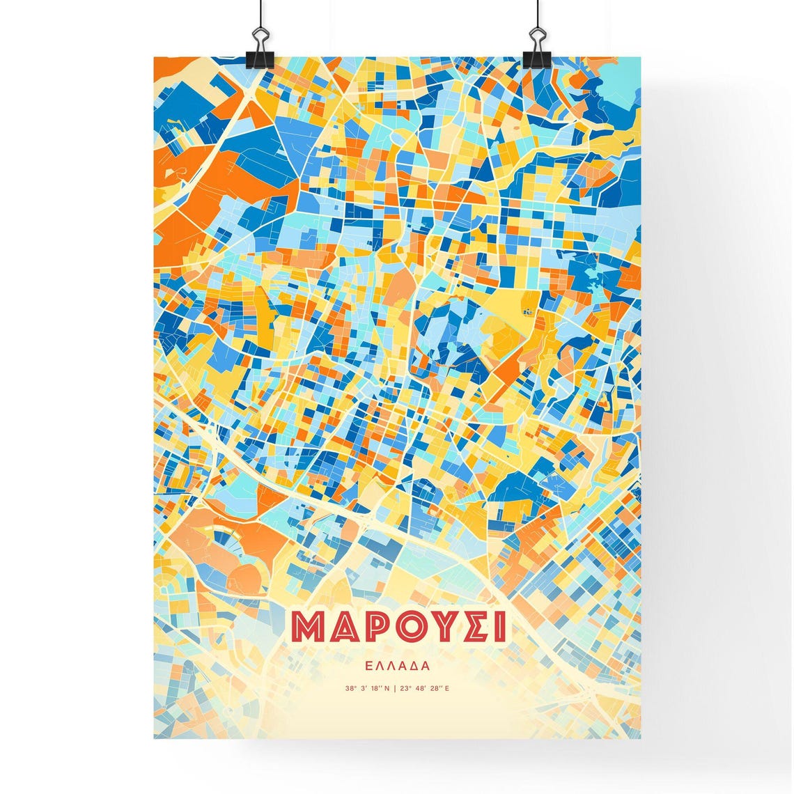 Marousi Greece Vibrant City Map Poster Blue Orange Stylish Home Decor - Image 3