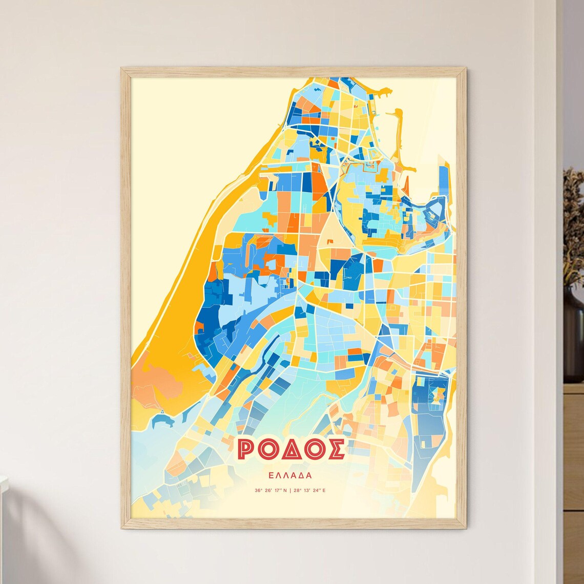 Rhodes Greece Island Modern Colorful City Map Blue Orange Poster