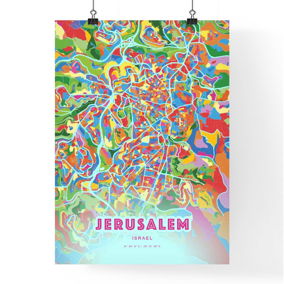 Jerusalem Israel Vibrant Crazy Colorful Mosaic City Map Poster - Image 3