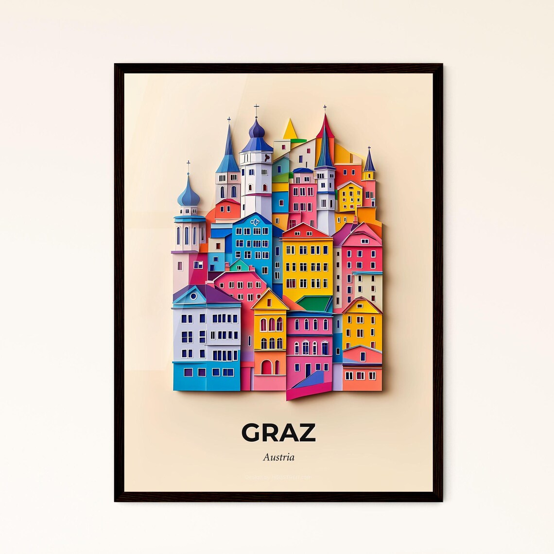 Graz Austria Colorful Papercut Old Town Cityscape Travel Poster