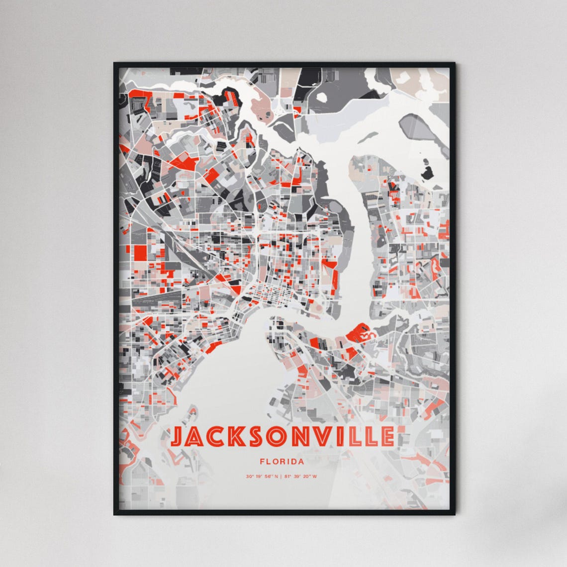 Jacksonville Florida Red and Grey Expressive City Map Art Poster