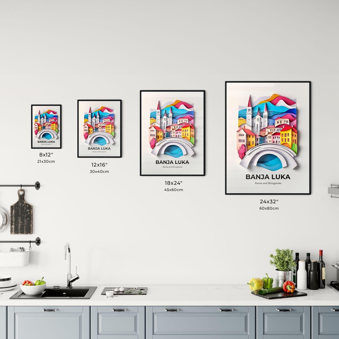 Banja Luka Bosnia Church Bridge Colorful Paper Cut Art Poster - Image 3