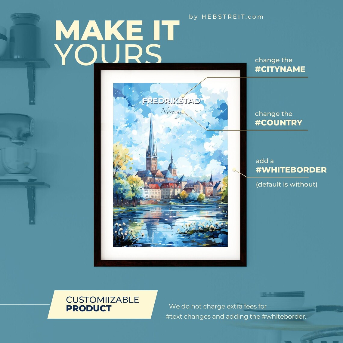 Fredrikstad Norway Watercolor Cathedral Lakeside Travel Poster - Image 2
