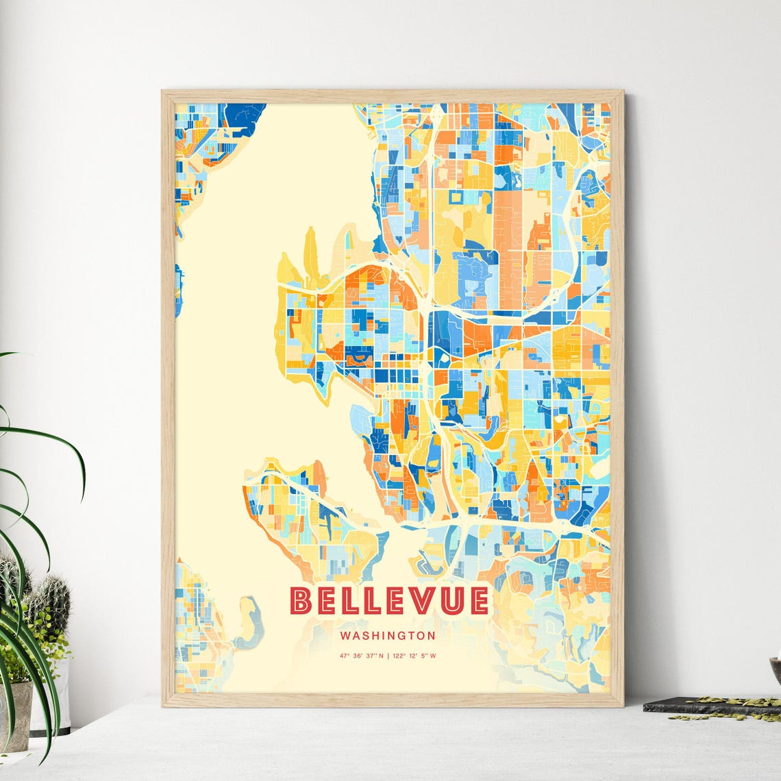 Bellevue Washington Blue Orange Lakeside City Map Art Poster