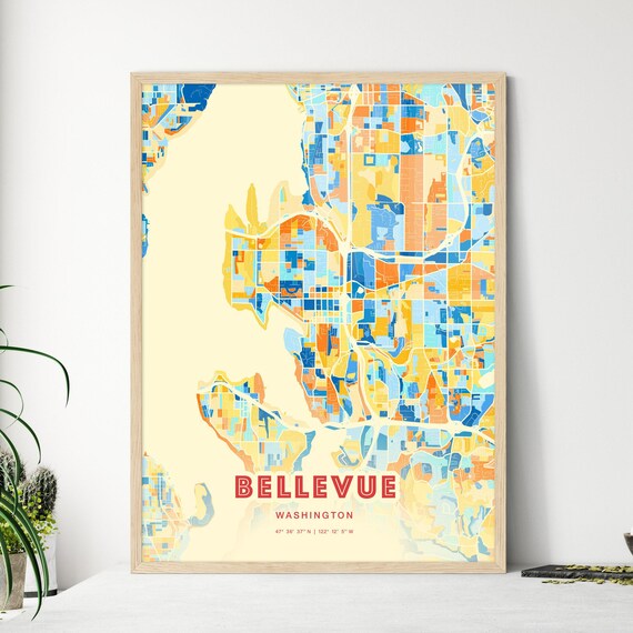 Bellevue Washington Blue Orange Lakeside City Map Art Poster