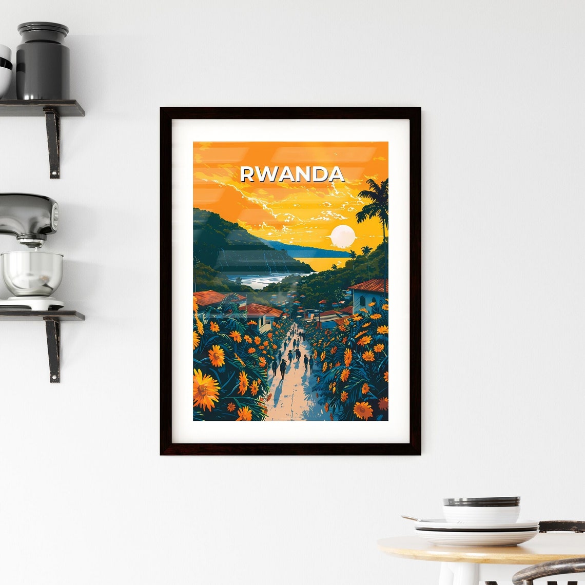 Rwanda Village Street Flower Lined Sunset Lake Vintage Travel Poster - Image 2