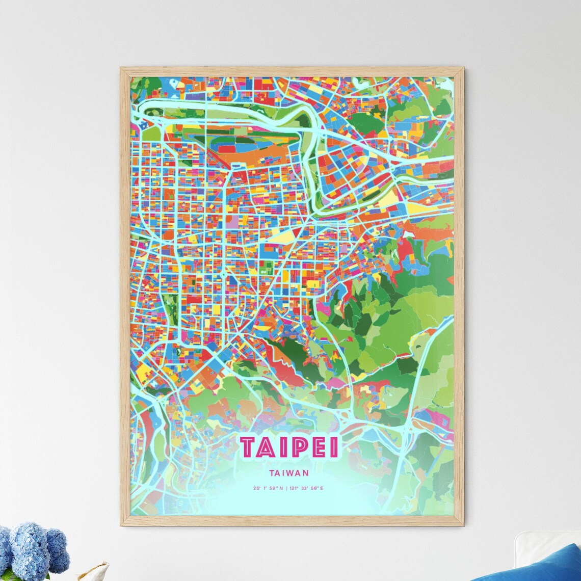 Taipei Taiwan Colorful City Map Art Poster in Pink and Turquoise