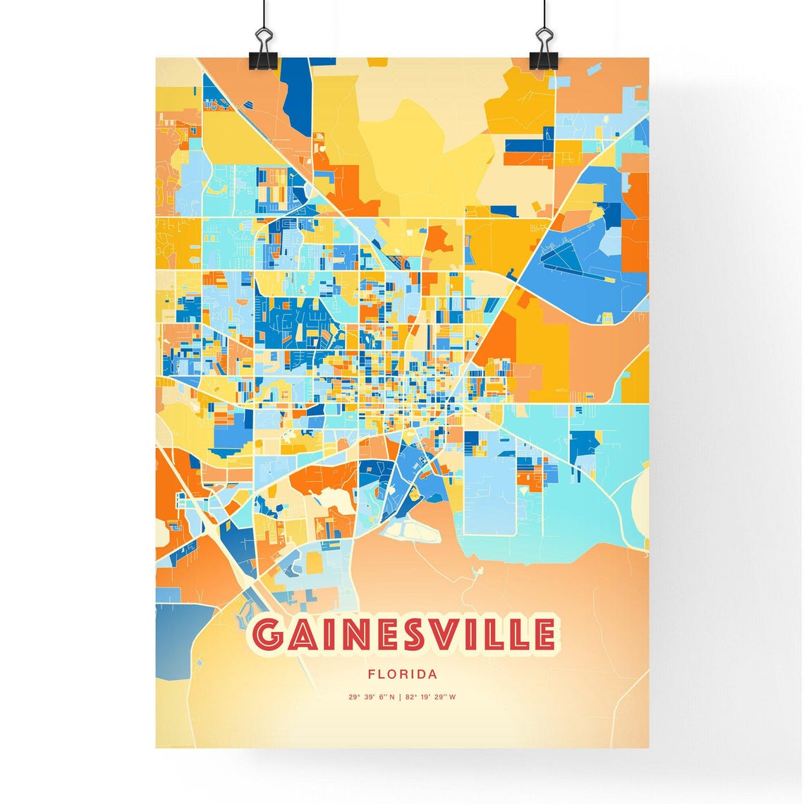 Gainesville Florida Vibrant Blue and Orange City Map Art Poster - Image 3