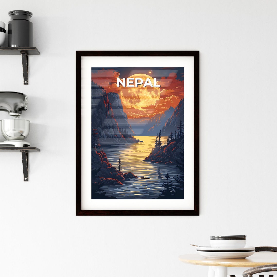 Nepal Giant Golden Full Moon Lake Mountains Night Art Poster - Image 2