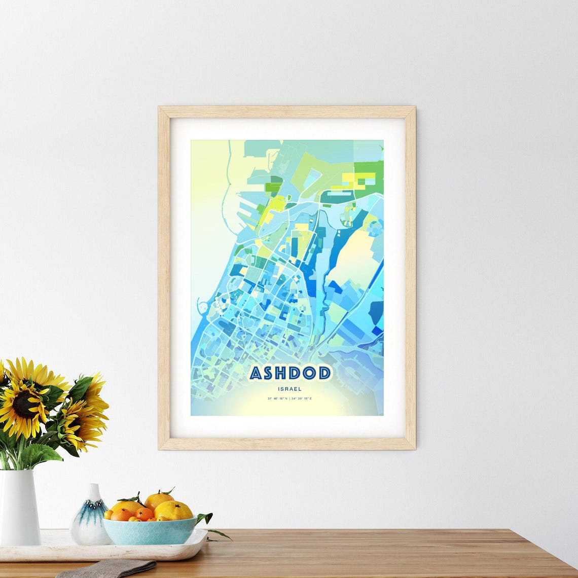 Ashdod Israel Pastel Blue City Map Art with Coordinates Poster - Image 2