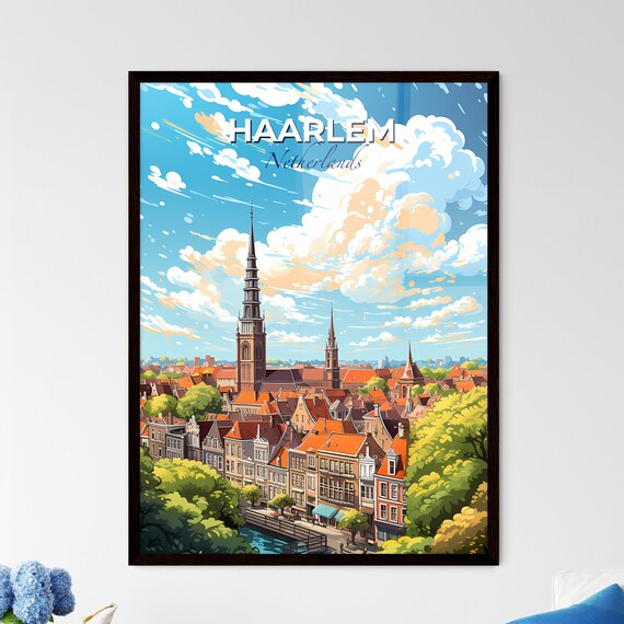 Haarlem Netherlands Travel Poster Colorful Cityscape Canal Illustration Art