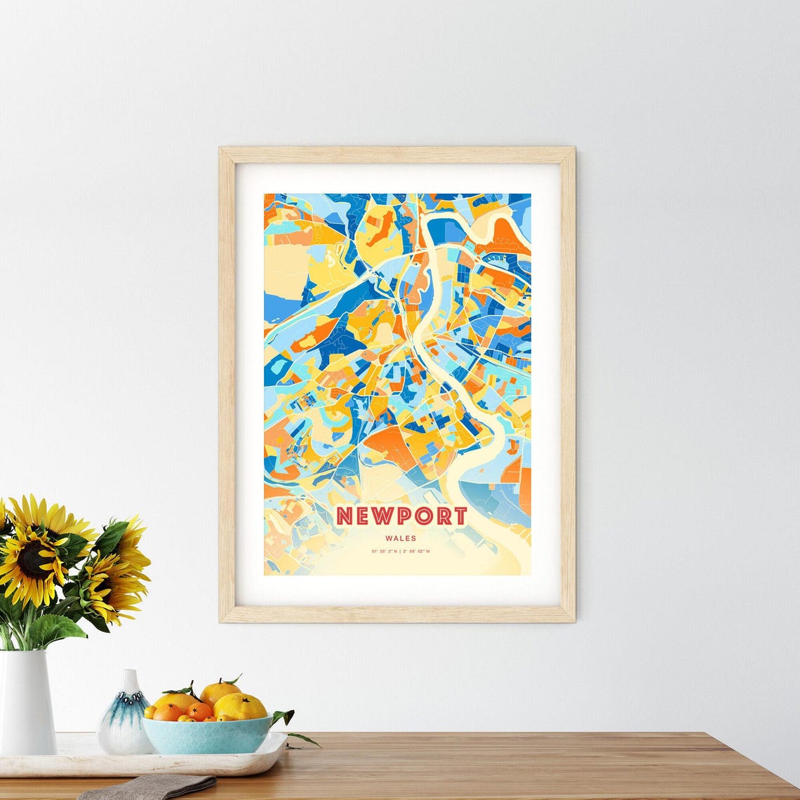 Newport Wales Bold Colorful Blue Orange Fine Art City Map Poster - Image 2