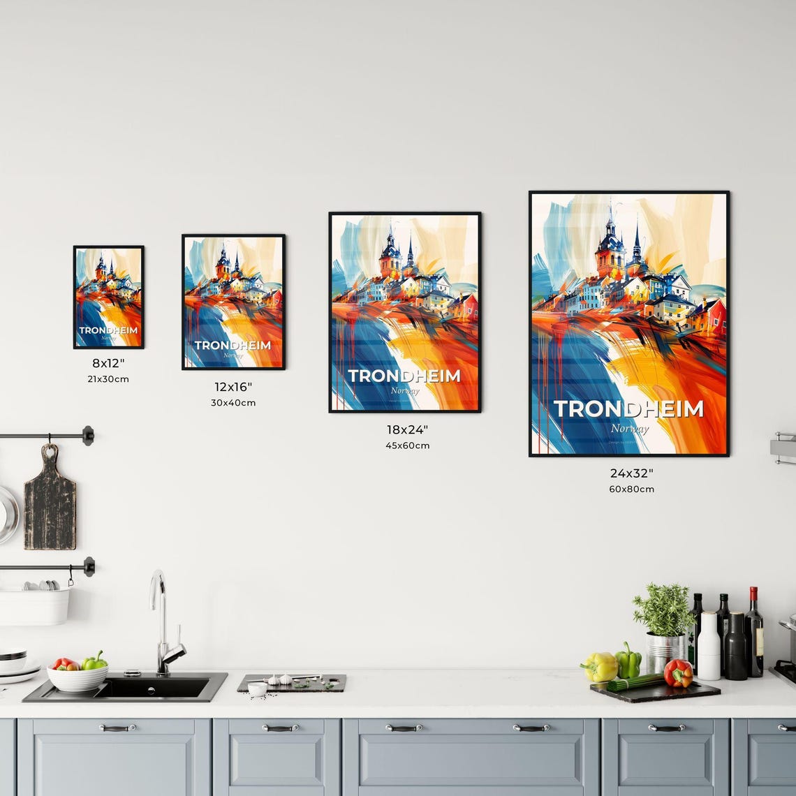 Trondheim Norway Colorful Abstract Hillside Town Skyline Poster - Image 3