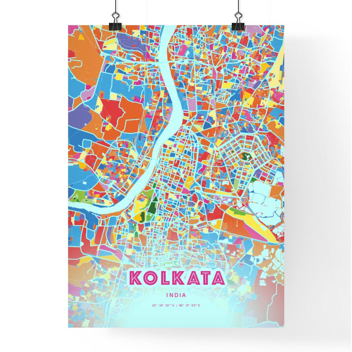 Kolkata India Colorful City Map Art Poster in Pink and Turquoise - Image 3