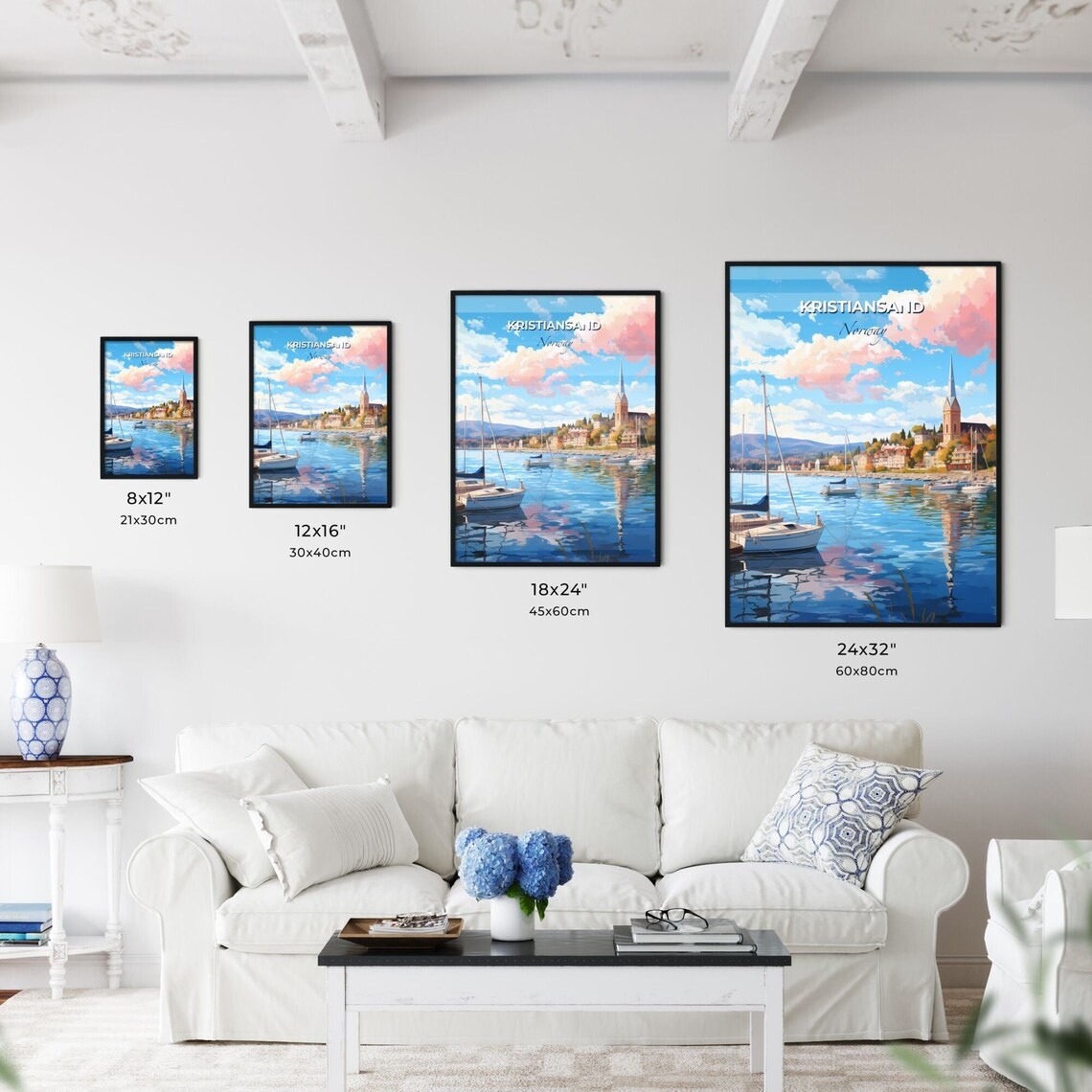 Kristiansand Norway Sailboat Harbor Church Spire Travel Art Poster - Image 3