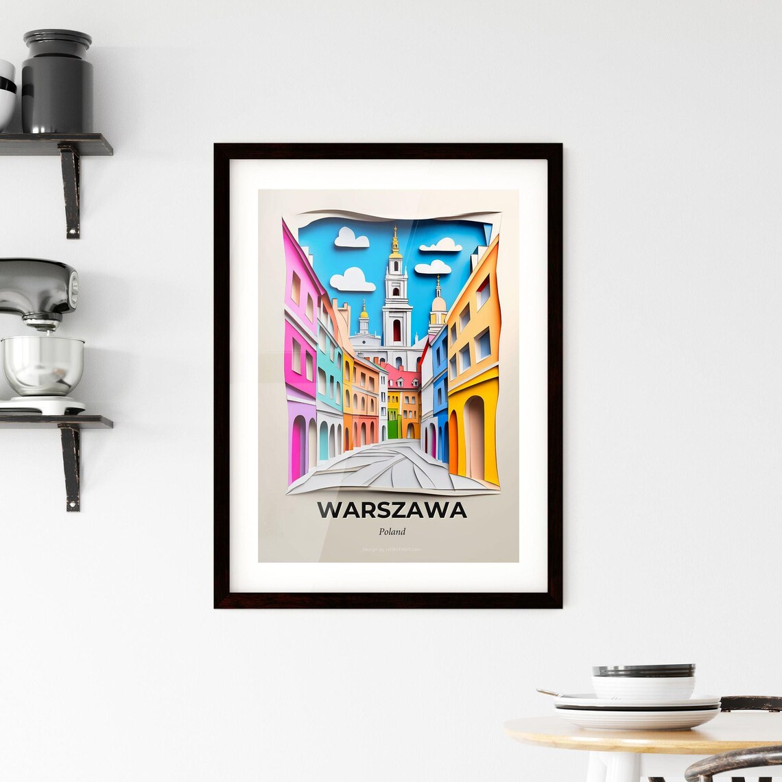 Warsaw Poland Colorful Paper Cut Old Town Street Travel Poster - Image 2