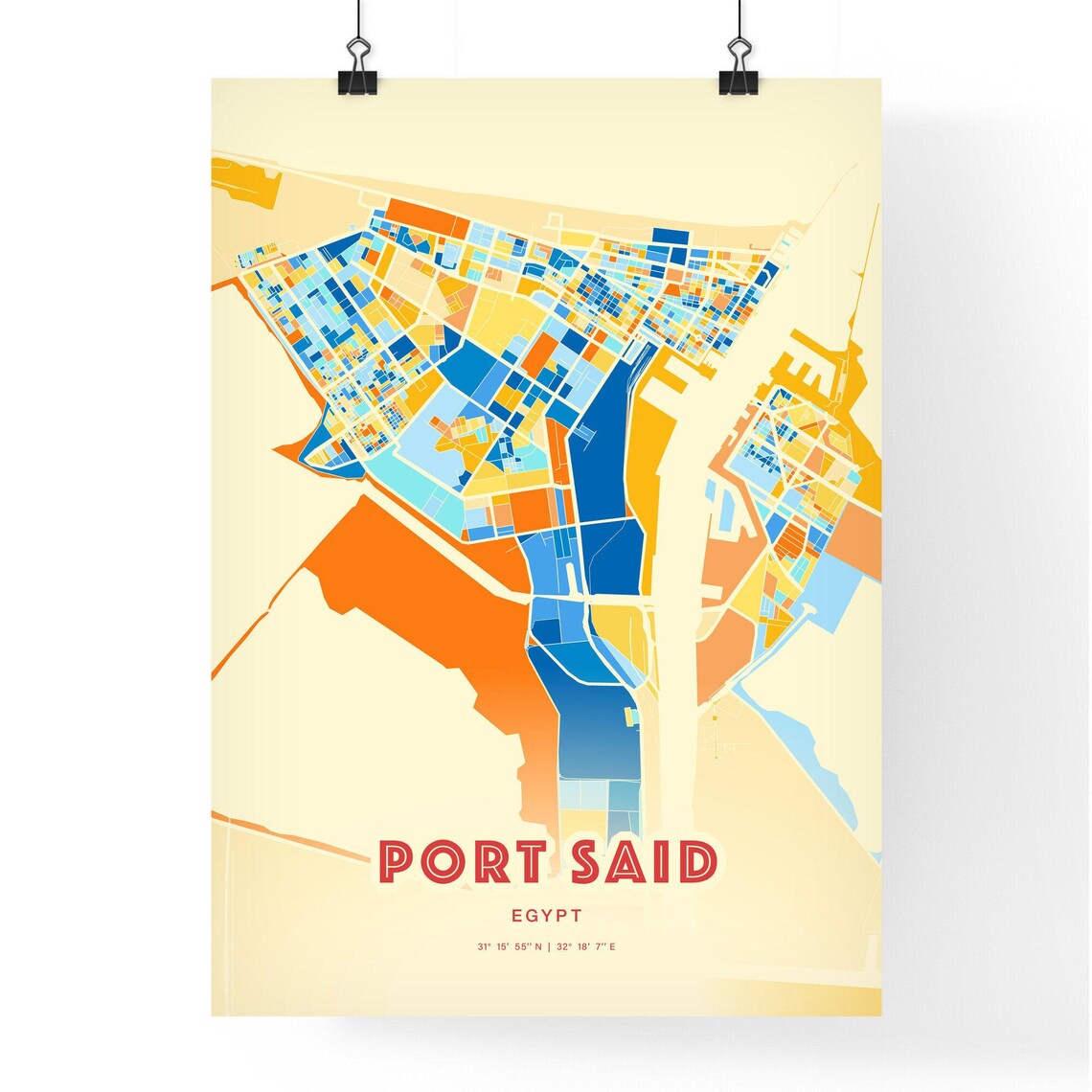 Port Said Egypt Colorful City Map Art Poster Blue And Orange Street Design - Image 3