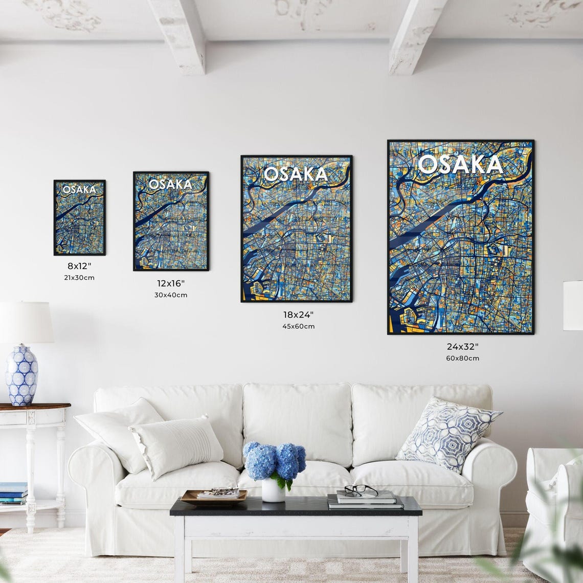 Osaka Japan Stylish Vibrant Blue and Orange Mosaic City Map Poster - Image 3