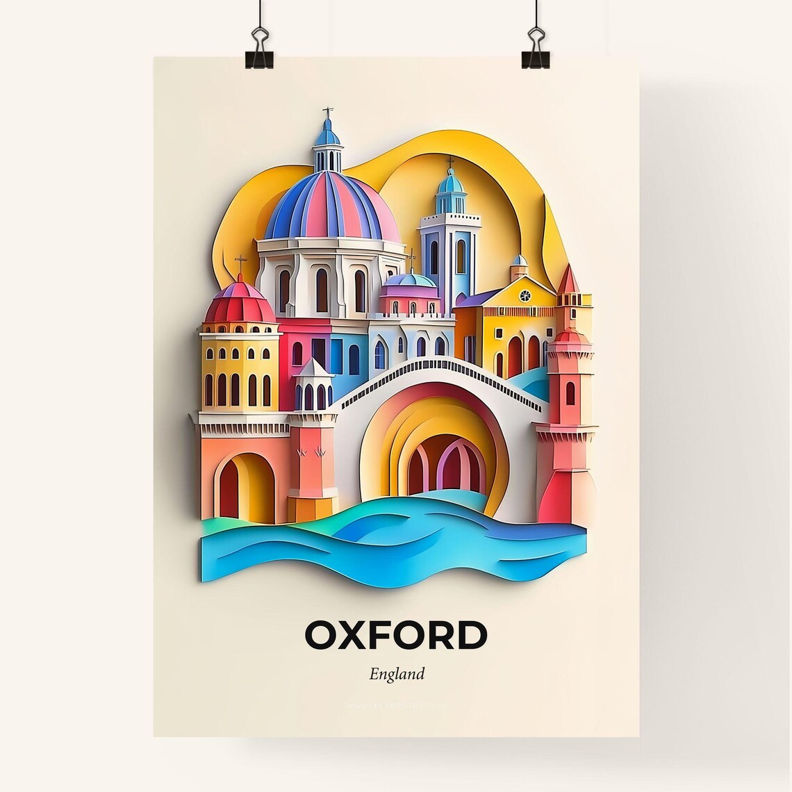 Oxford England Colorful Paper Cut Domed Colleges River Travel Poster - Image 4