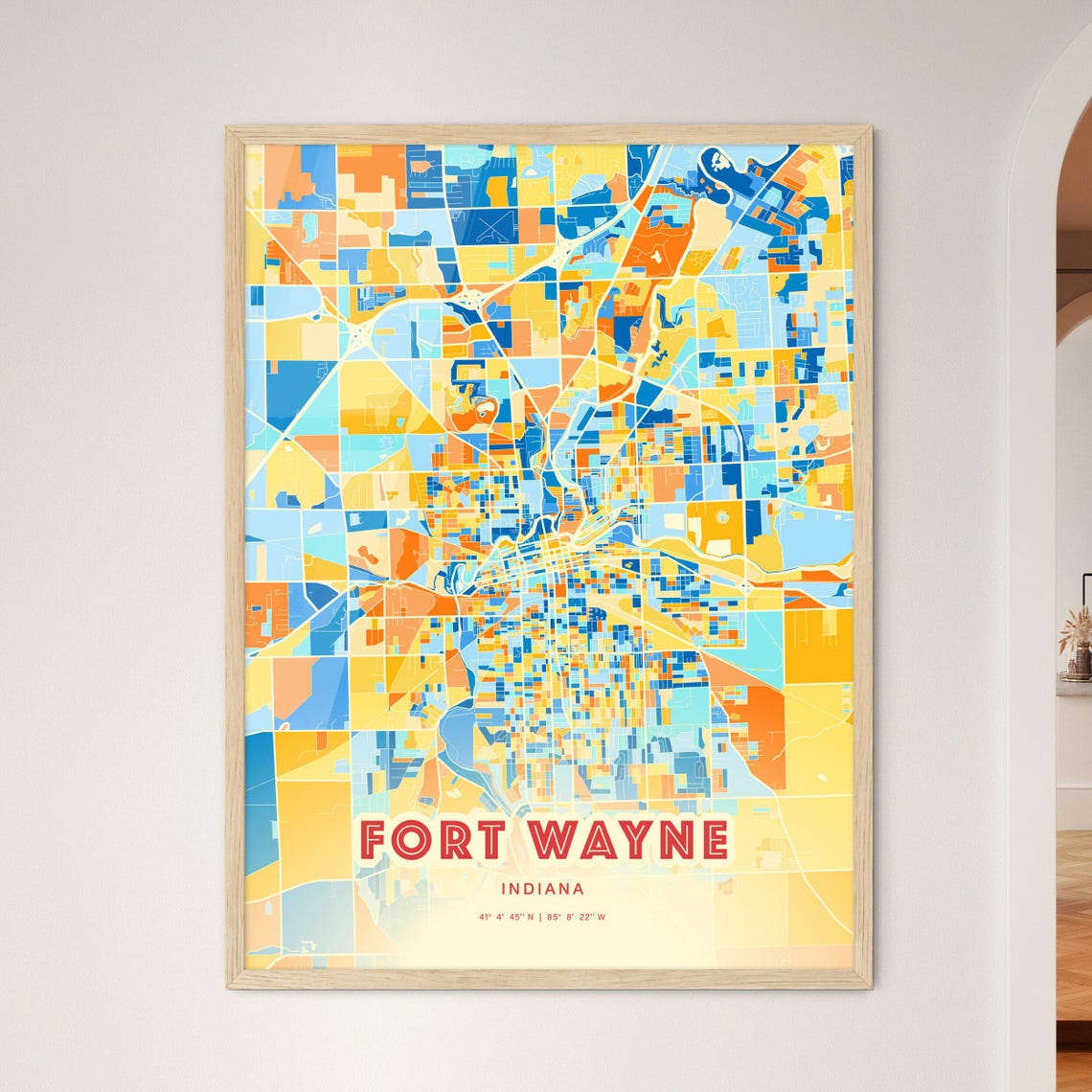 Fort Wayne Indiana Colorful City Street Map Coordinates Poster