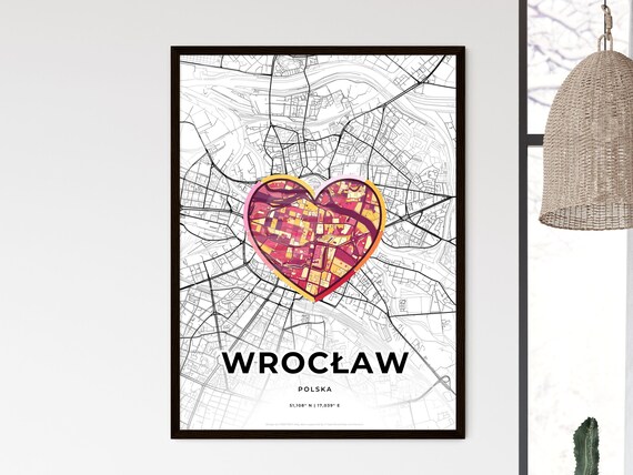 Wroclaw Poland Heart Love Map Black White Street Map Poster Gift