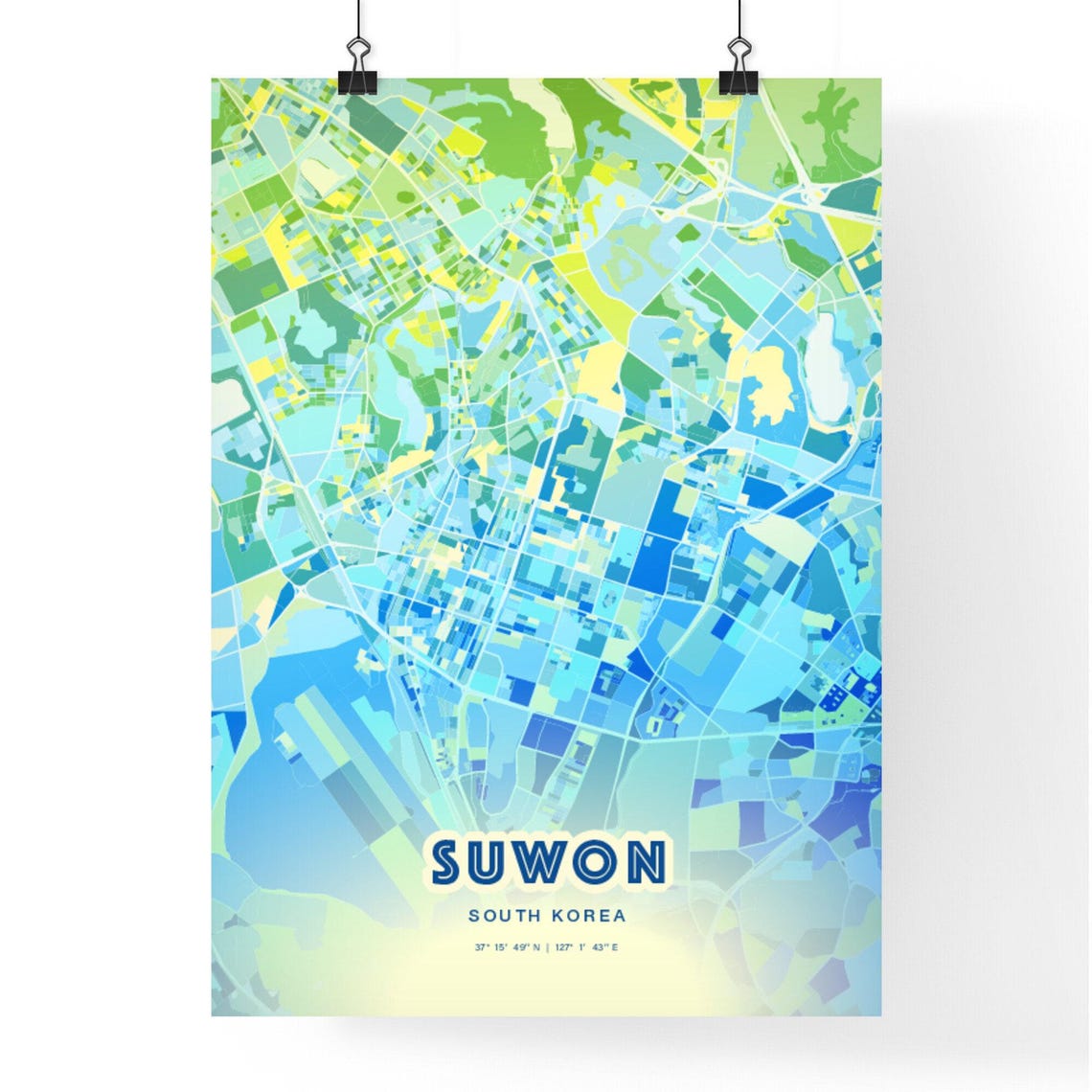 Suwon South Korea Pastel Blue City Map Art with Coordinates Poster - Image 3