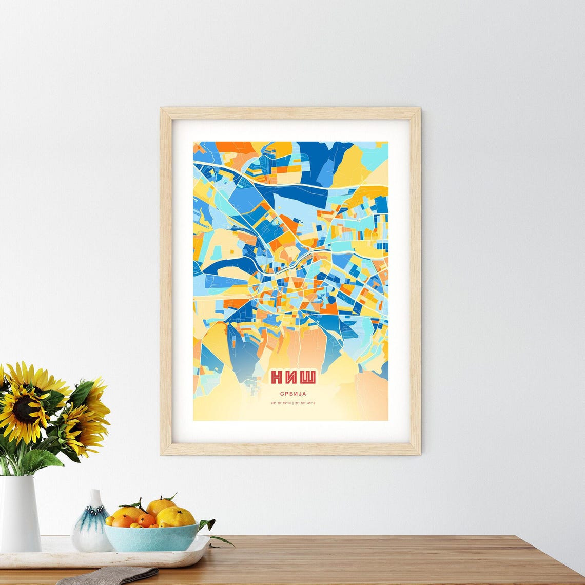 Nis Serbia Blue Orange Colorful City Map Art Poster With Coordinates - Image 2