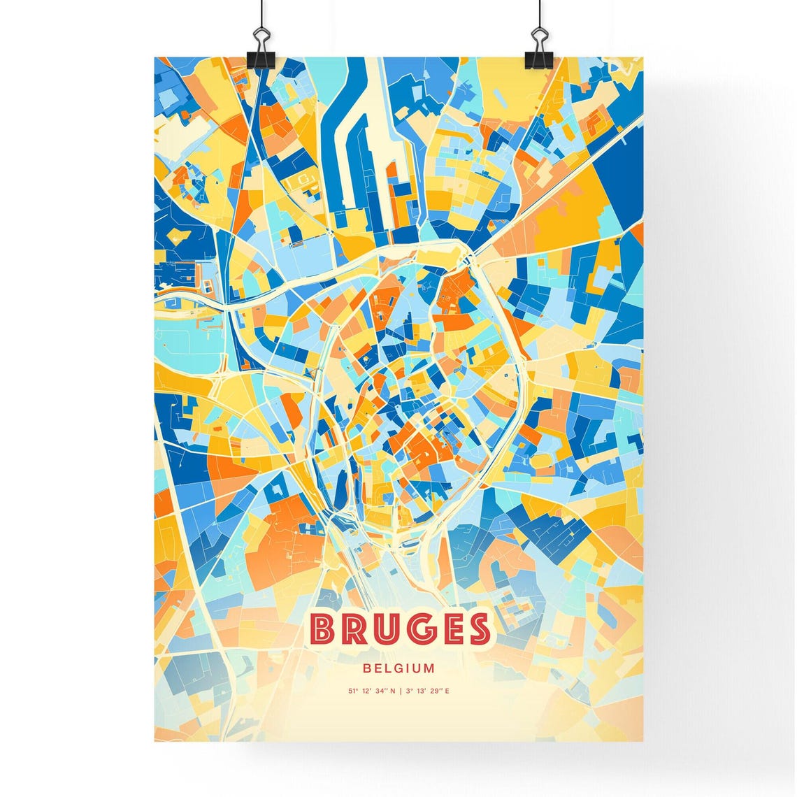 Bruges Belgium Bold Blue Orange Abstract City Street Map Art Poster - Image 3