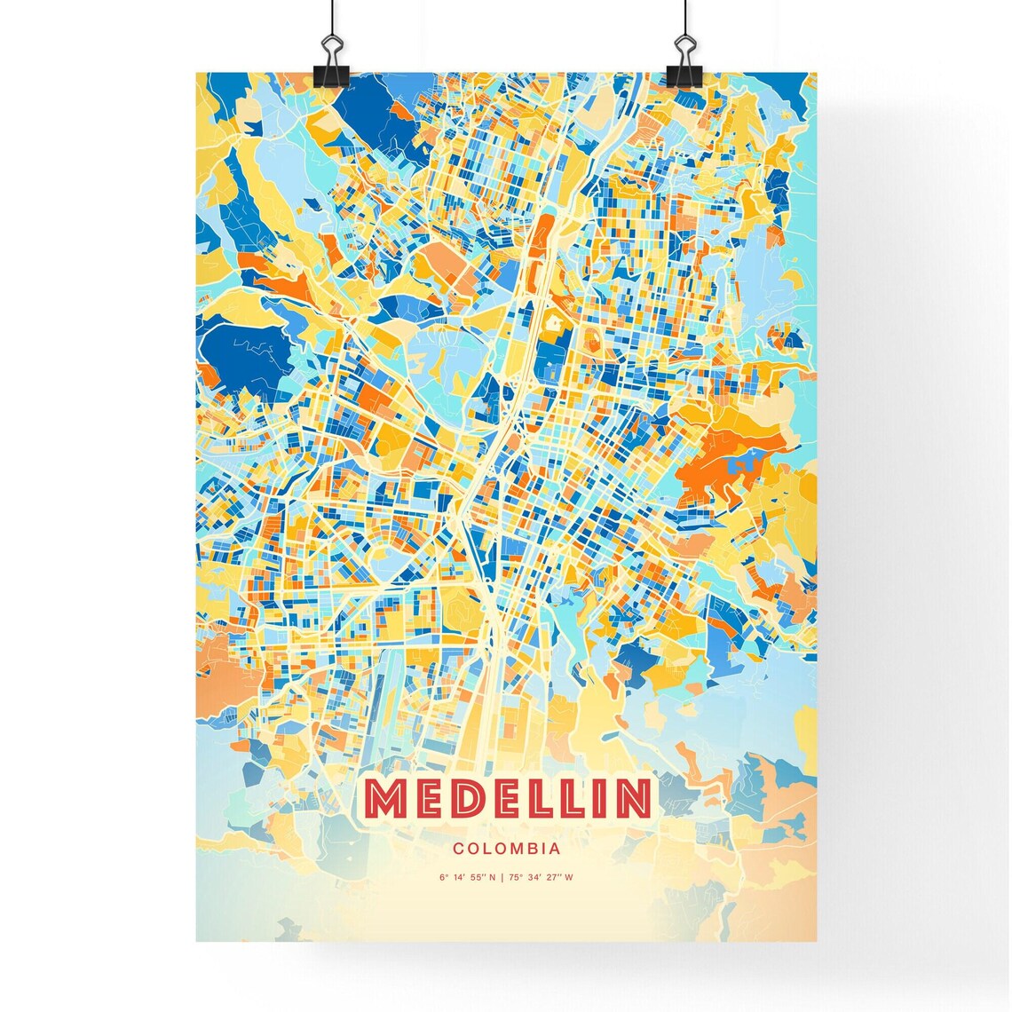 Medellin Colombia Colorful Blue Orange City Map Art Poster with Coordinates - Image 3