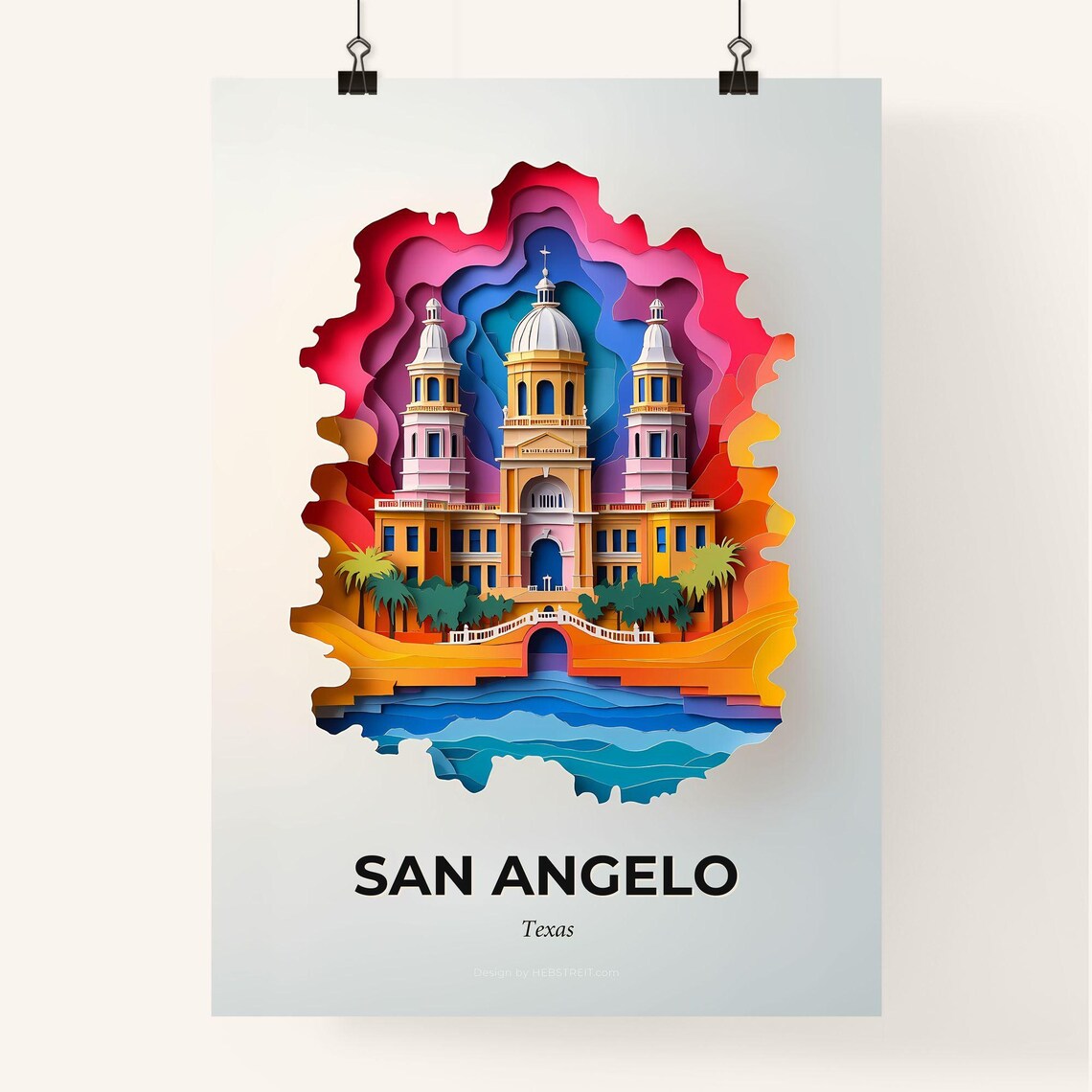 San Angelo Texas Colorful Paper Cut Historic Building Travel Poster - Image 4