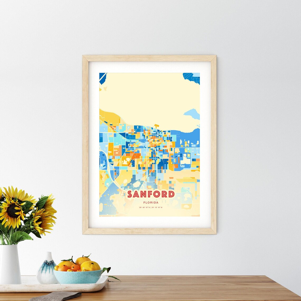 Sanford Florida Colorful Blue and Orange Retro City Street Map Wall Art - Image 2