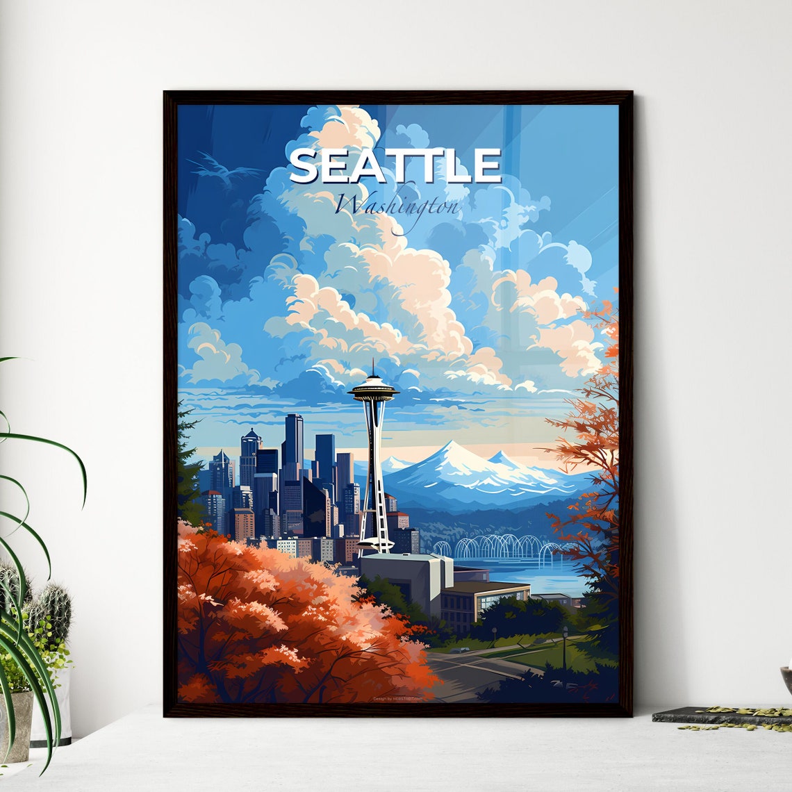Seattle Washington Space Needle Autumn Illustrated Travel Poster