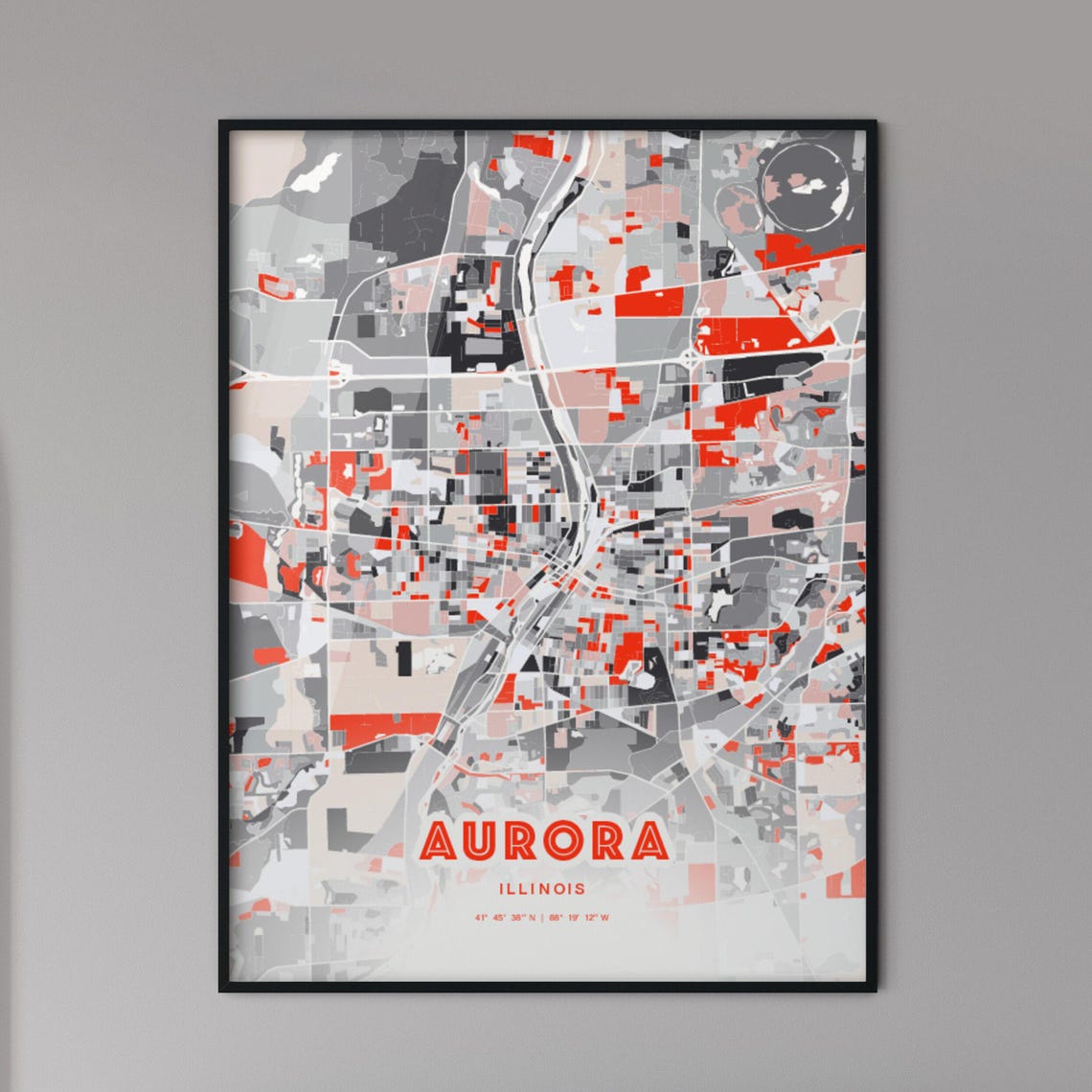 Aurora Illinois Modern Red Expressive City Map Poster with Coordinates