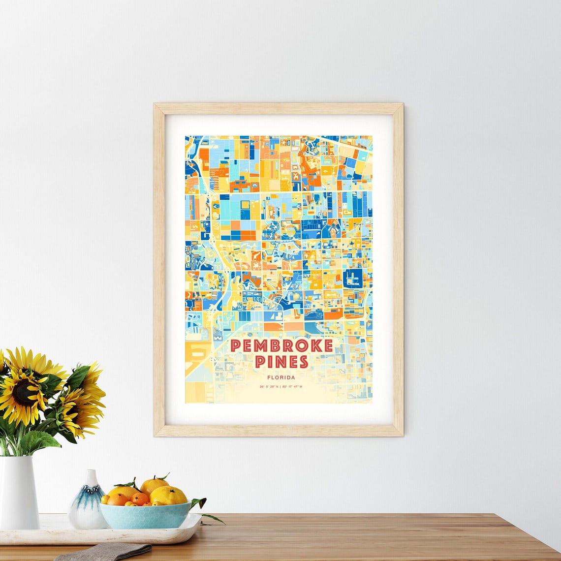 Vibrant Pembroke Pines Florida Blue Orange City Map Art Poster - Image 2
