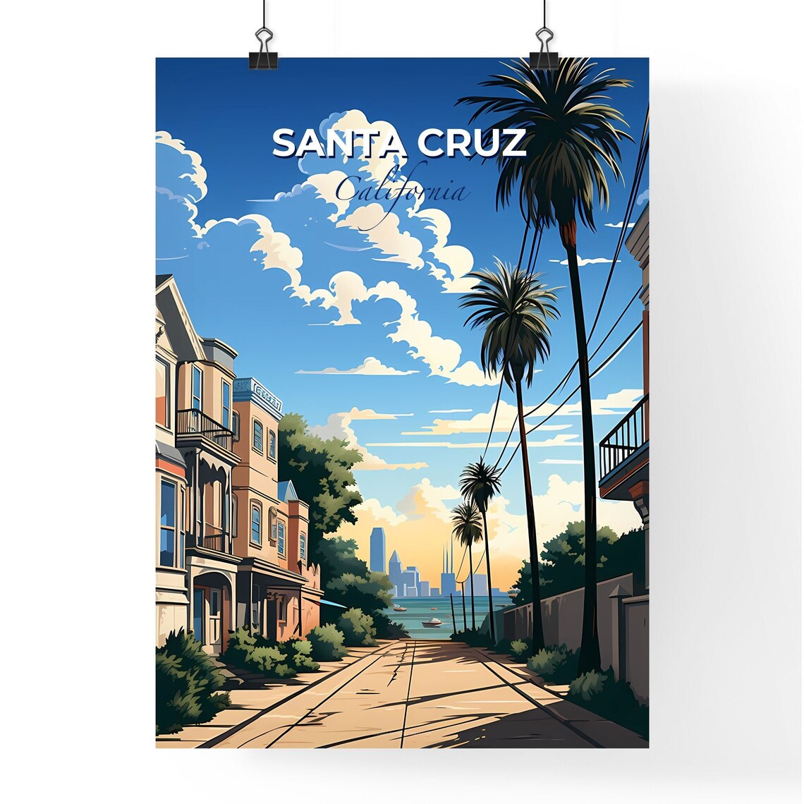 Santa Cruz California Victorian Houses Palm Tree Bay Street Poster - Image 4