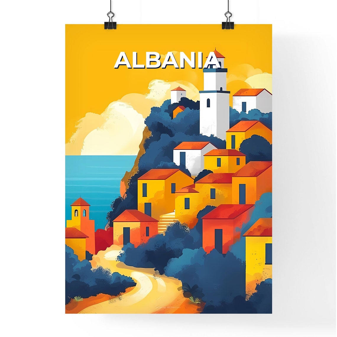 Albania Hillside Village Lighthouse Yellow Sky Vintage Travel Poster - Image 4