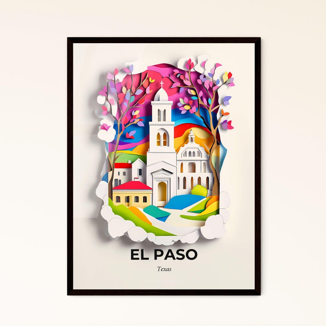 El Paso Texas Colorful Paper Cut Church and Flowering Trees Poster