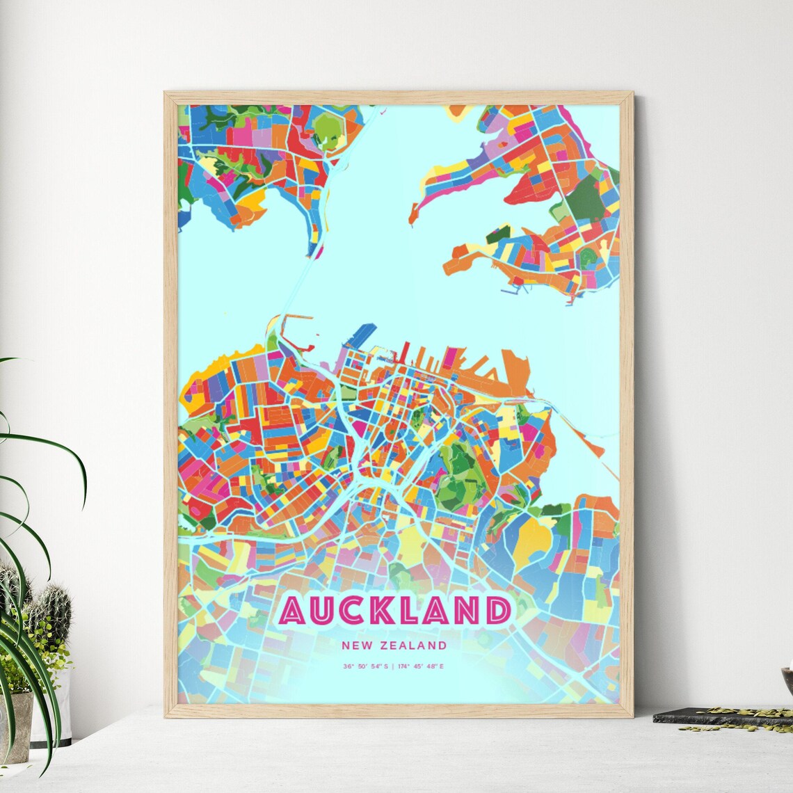 Auckland New Zealand Crazy Colorful Mosaic City Map Art Poster