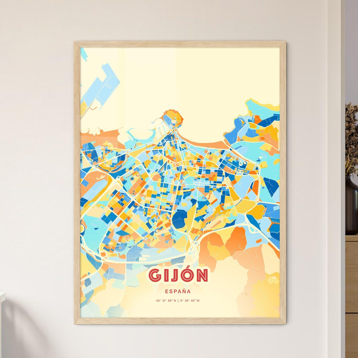Gijon Spain Colorful Blue Orange Coastal Bay City Map Art Print