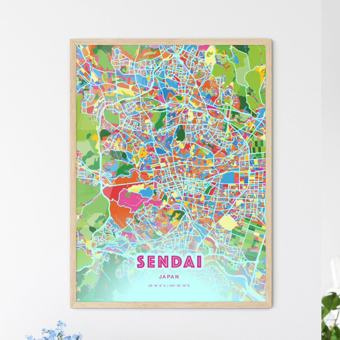 Sendai Japan Colorful City Map Art Poster in Pink and Turquoise