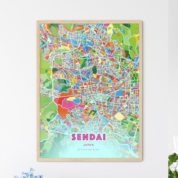 Sendai Japan Colorful City Map Art Poster in Pink and Turquoise