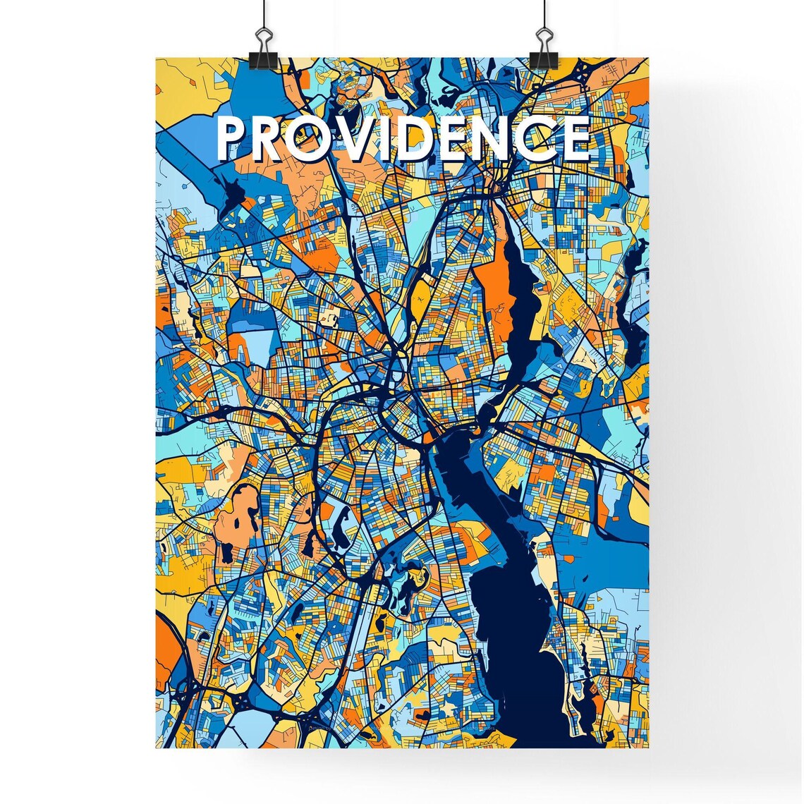 Providence Rhode Island Bold Orange and Blue Modern Abstract City Map Poster - Image 2