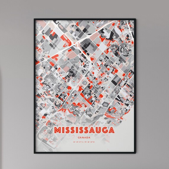 Mississauga Canada Modern Red Abstract City Street Map Art Poster