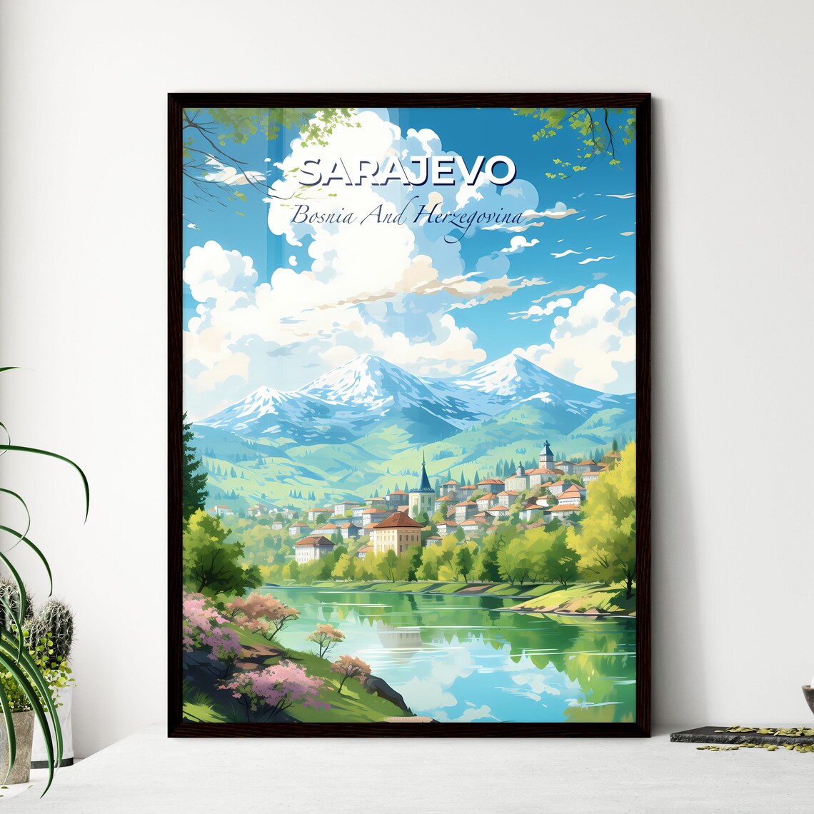 Sarajevo Bosnia Travel Poster Snowy Mountains River Valley Illustration