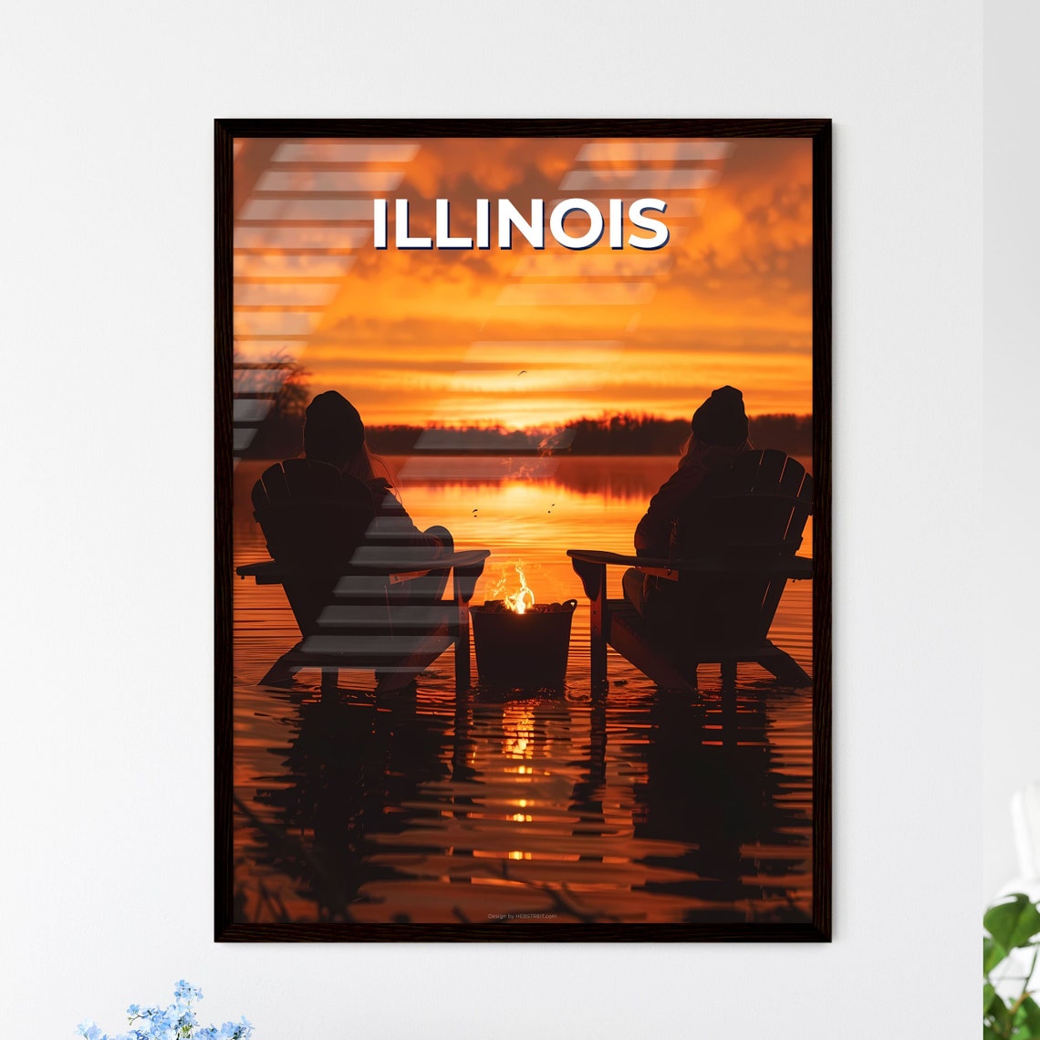 Illinois Sunset Lake Fire Pit Adirondack Chairs Vintage Travel Poster