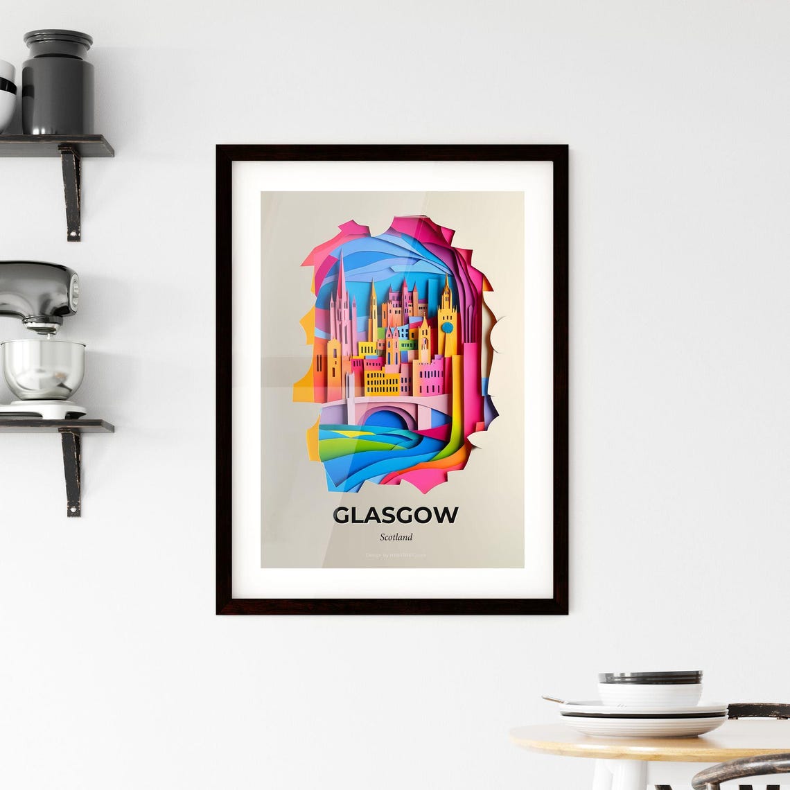 Glasgow Scotland Clock Tower River Bridge Paper Cut Travel Poster - Image 2