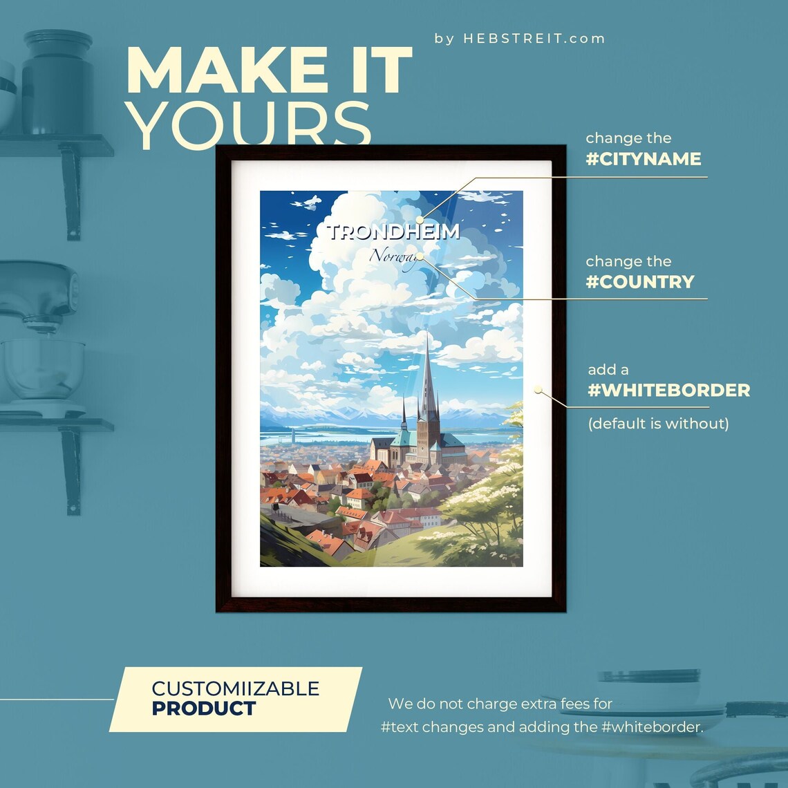 Trondheim Norway Travel Poster Cathedral Spire Fjord Mountains Illustration - Image 2