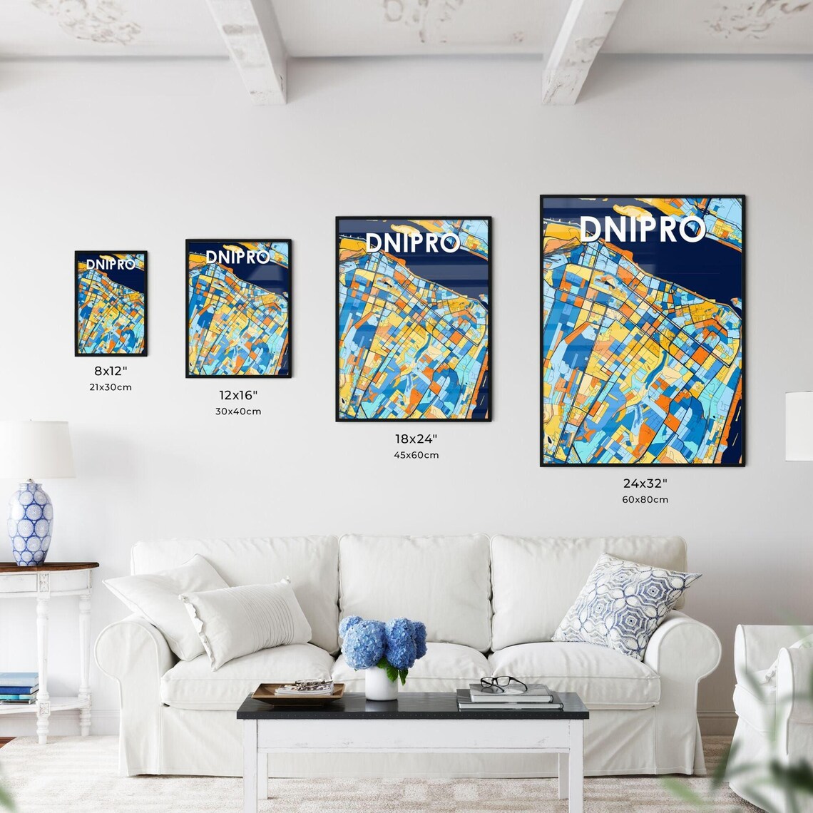 Dnipro Ukraine Colorful Geometric City Map Art Poster in Blue and Orange - Image 3